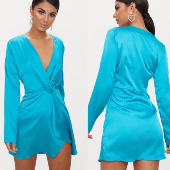 Prettylittlething Teal Satin Wrap Dress NWT - Picture 2 of 4